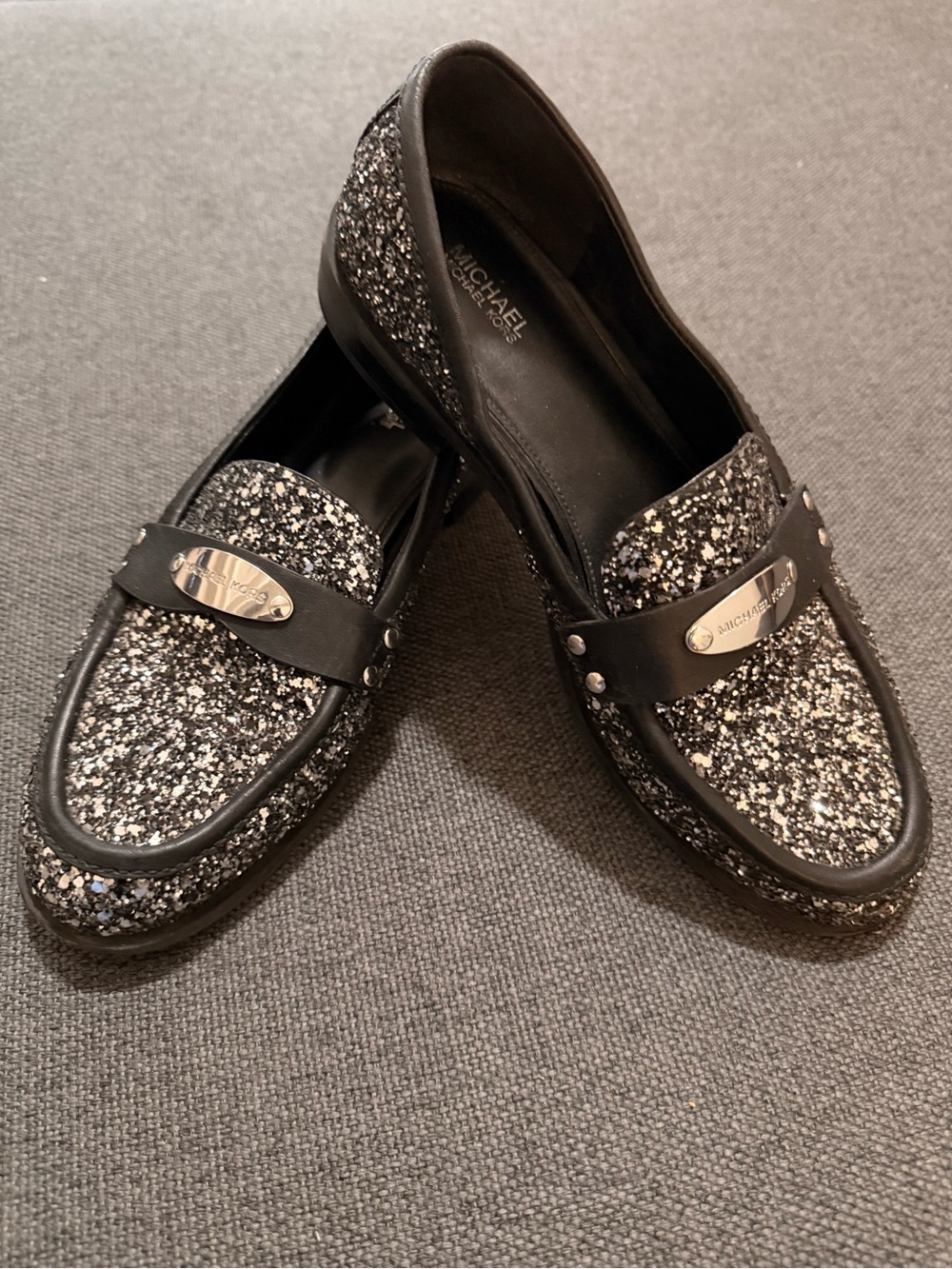 Michael Kors Black & Silver Glitter Loafers with Logo Plaque